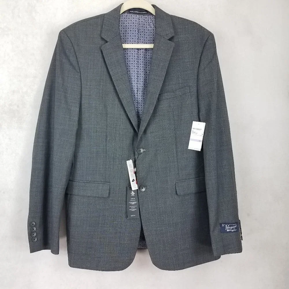 NWT Original Penguin Blazer Suit Jacket Wool Sport Coat Charcoal 42L Slim Long